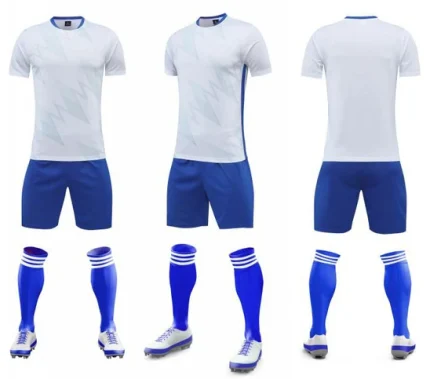 "Skyline Series: White Tee and Blue Shorts Football Kit - A stylish and athletic football uniform featuring a comfortable white t-shirt paired with vibrant blue shorts, designed for optimal performance on the field."