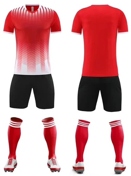 "Shadow Series: Bold Red Tee with Black Shorts Football Uniform - A striking football kit featuring a vibrant red t-shirt paired with comfortable black shorts, designed for optimal performance and style on the field."