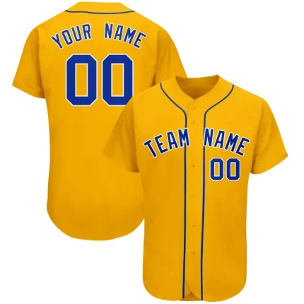 A vibrant yellow baseball jersey titled "Sunshine Custom: Your Personalized Baseball Jersey," featuring customizable design options, bold accents, and high-quality fabric, perfect for players and fans looking to shine on the field with their unique style.