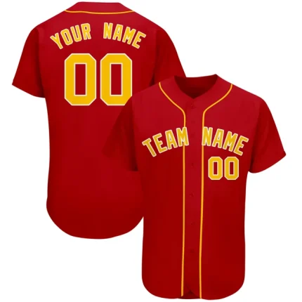 A vibrant red baseball jersey titled "Crimson Custom: Your Personalized Baseball Jersey," featuring customizable design options, bold accents, and high-quality fabric, perfect for players and fans looking to showcase their unique style on the field.