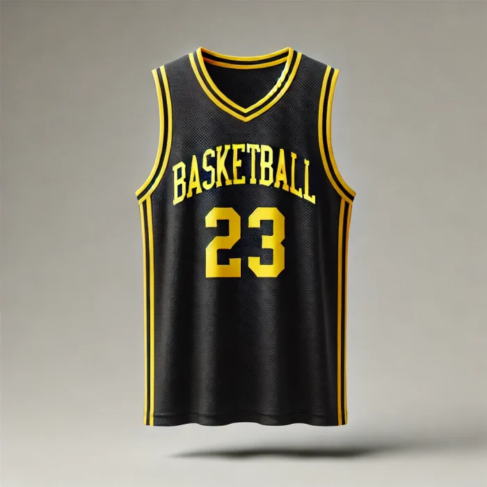 An image showcasing a collection of black basketball jerseys hanging on display. Each jersey features unique designs, including team logos and vibrant graphics, set against a backdrop of a basketball court. The jerseys are made of breathable fabric, emphasizing athletic style and performance, perfect for fans and players alike.