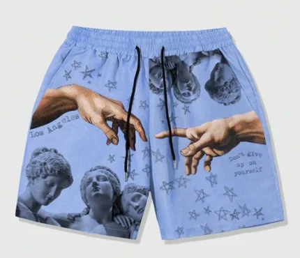 "An image showcasing a pair of stylish blue sublimation printed shorts displayed on a neutral background. The shorts feature vibrant, intricate designs that demonstrate the sublimation printing technique, highlighting their comfort and athletic appeal. The fabric appears lightweight and breathable, ideal for sports and casual wear, reflecting the evolution of modern athletic apparel."