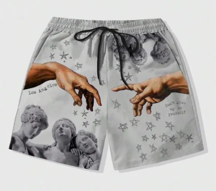 "An image showcasing a pair of stylish loose luxury summer shorts for men, featuring an eye-catching sculpture print. The shorts, crafted from lightweight fabric, display intricate artistic designs that evoke a sense of sophistication and modernity. Set against a bright summer backdrop, these shorts are perfect for casual outings, highlighting their blend of comfort and luxury."