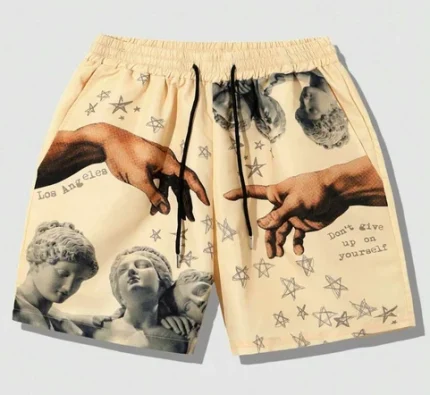 "An image displaying a pair of men's summer shorts featuring vibrant sculpture prints. The shorts are made from lightweight, breathable fabric, showcasing intricate artistic designs that add a contemporary touch. Set against a light, airy background, they embody a perfect blend of style and comfort for warm-weather wear."