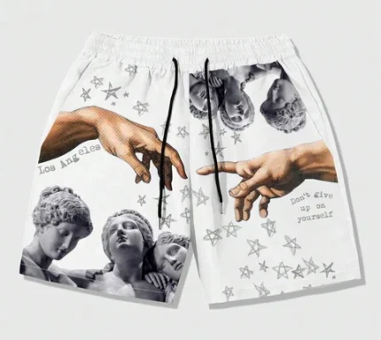 "An image of men’s summer loose shorts featuring luxurious and vibrant prints. The shorts are designed with a relaxed fit, made from lightweight fabric that enhances comfort and breathability. Displayed in a sunny outdoor setting, these shorts exemplify stylish summer wear, perfect for casual outings or beach days."