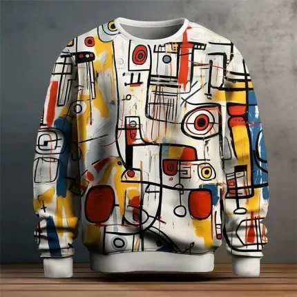 "A cozy white sweatshirt adorned with eye-catching sublimation prints, showcasing intricate designs in vibrant colors. The soft fabric is highlighted, emphasizing its comfort and style, making it a perfect choice for casual wear or a cozy day indoors."