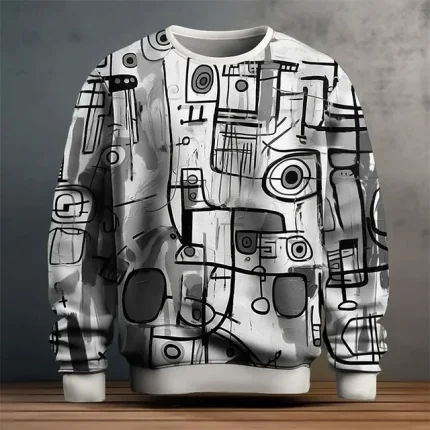 "A white sweatshirt featuring vibrant sublimation prints, showcasing an array of colorful patterns and designs. The soft fabric texture is highlighted, emphasizing the artistic expression and comfort that this unique piece brings to any outfit."